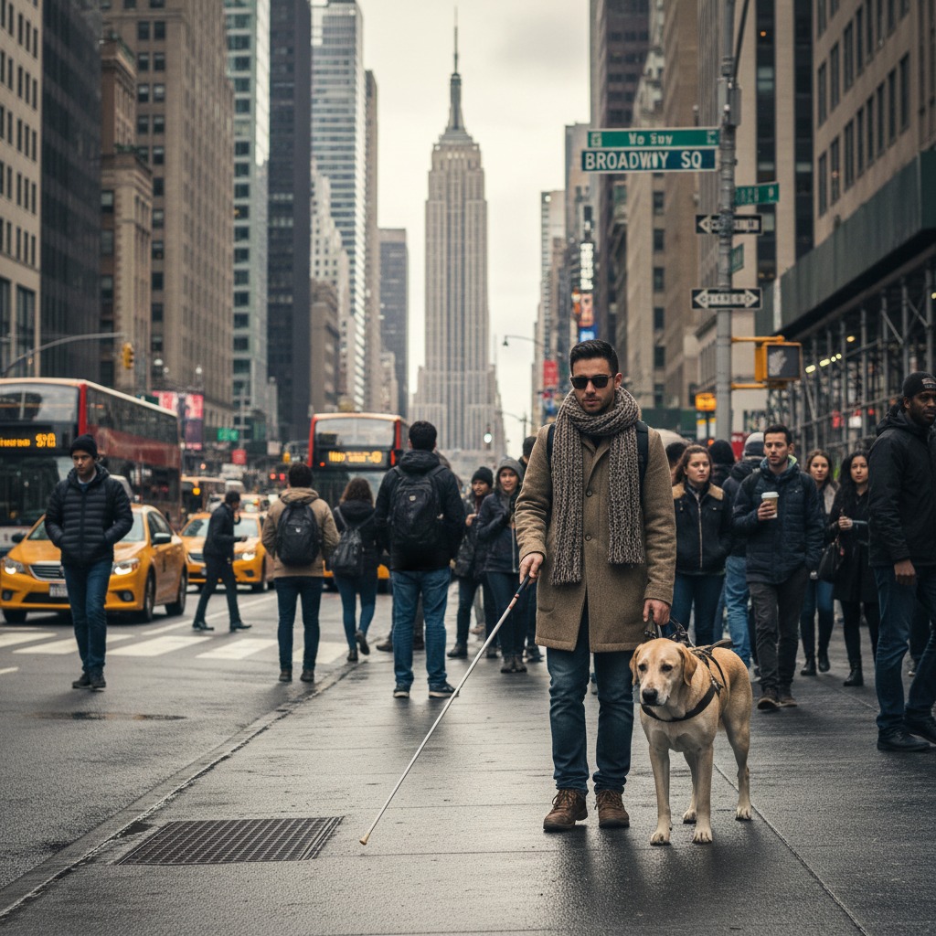 persona con cegyera caminando en la ciudad de nuevayork
